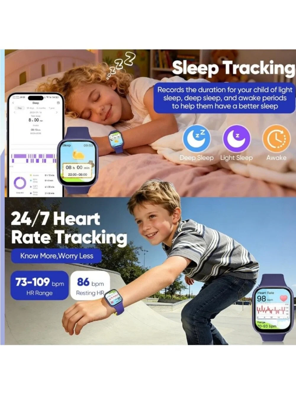 Kids Smart Watch - HD Touch Screen Fitness Tracker, Heart Rate Monitor